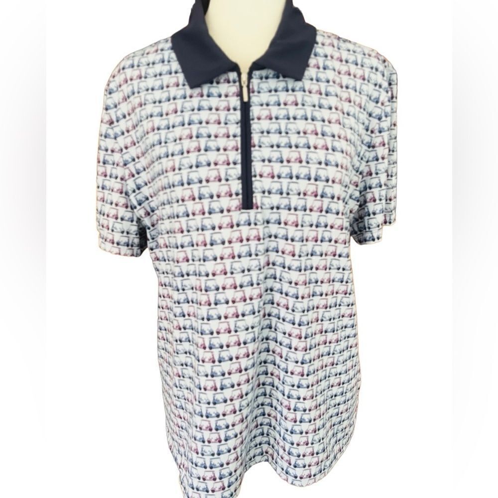 Coral Bay Golf zip front polo top with golf cart pattern, size PL
